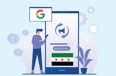blog featured image image about Google advertising illustration showing a person using a smartphone with advertising icons, dollar signs, and the Syrian flag, symbolizing the return of Google Ads in Syria