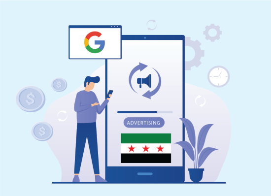 blog featured image image about Google advertising illustration showing a person using a smartphone with advertising icons, dollar signs, and the Syrian flag, symbolizing the return of Google Ads in Syria