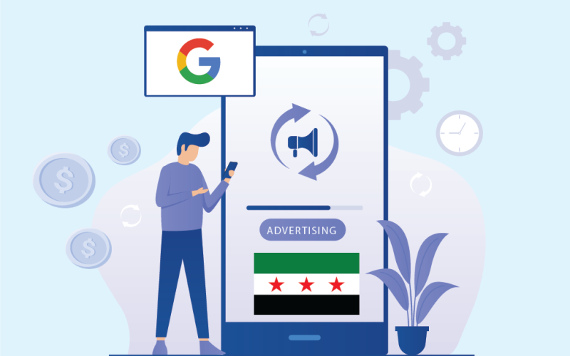 blog featured image image about Google advertising illustration showing a person using a smartphone with advertising icons, dollar signs, and the Syrian flag, symbolizing the return of Google Ads in Syria