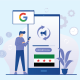 blog featured image image about Google advertising illustration showing a person using a smartphone with advertising icons, dollar signs, and the Syrian flag, symbolizing the return of Google Ads in Syria