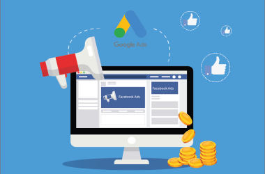 Blog featured image showing Facebook Ads illustration, online advertising with coins, megaphone, and engagement icons, highlighting the cost and value of Facebook Ads compared to Google Ads