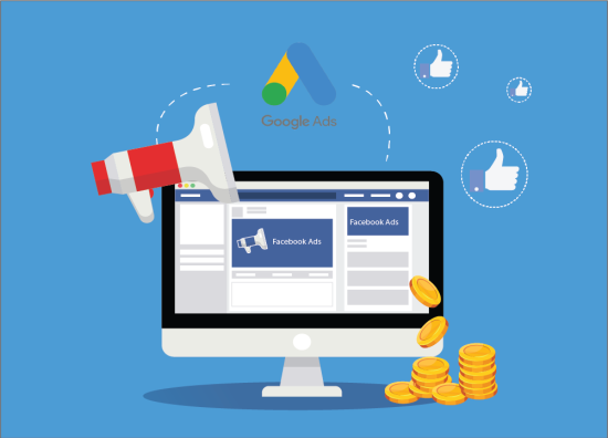Blog featured image showing Facebook Ads illustration, online advertising with coins, megaphone, and engagement icons, highlighting the cost and value of Facebook Ads compared to Google Ads