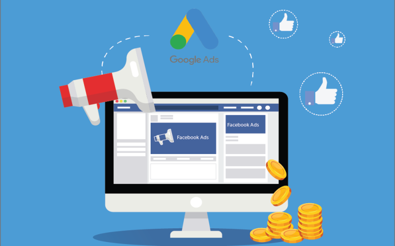 Blog featured image showing Facebook Ads illustration, online advertising with coins, megaphone, and engagement icons, highlighting the cost and value of Facebook Ads compared to Google Ads