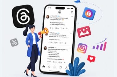Illustration of a smartphone displaying the Instagram Threads app feed with social media posts, surrounded by Threads, Instagram, analytics, and engagement icons. A female marketer holding a megaphone stands beside the phone, representing Threads advertising, social media marketing, audience growth, and content promotion.