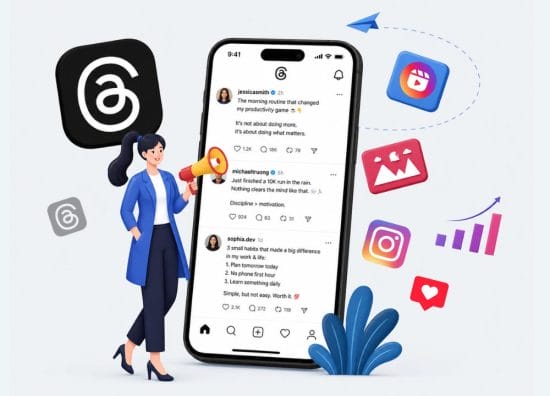 Illustration of a smartphone displaying the Instagram Threads app feed with social media posts, surrounded by Threads, Instagram, analytics, and engagement icons. A female marketer holding a megaphone stands beside the phone, representing Threads advertising, social media marketing, audience growth, and content promotion.