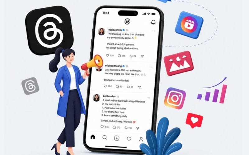Illustration of a smartphone displaying the Instagram Threads app feed with social media posts, surrounded by Threads, Instagram, analytics, and engagement icons. A female marketer holding a megaphone stands beside the phone, representing Threads advertising, social media marketing, audience growth, and content promotion.